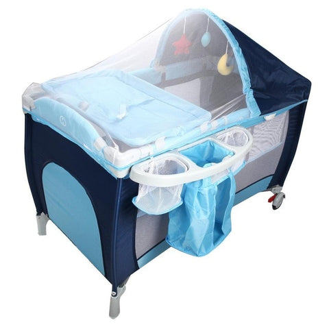 Image of Goplus Portable Folding Baby Crib Multifunctional Child Bed Pink Blue Playpen Baby Cradle Bed with Mosquito Net and Bag BB0446