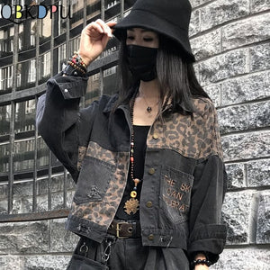 Vintage Black Leopard Women Denim Jacket Spring Harajuku Punk Jean Jackets Coat Boyfriend Loose Pocket Fashion Streetwear