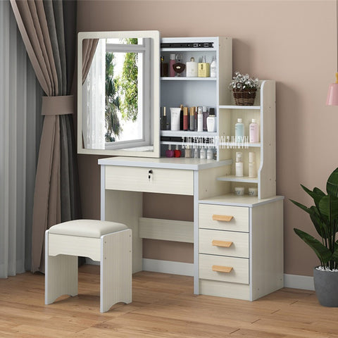 Image of C918/C501 Simple Modern Dresser Household Bedroom Dressing Table Density Board Makeup T able With Mirror Drawer Lock Stool
