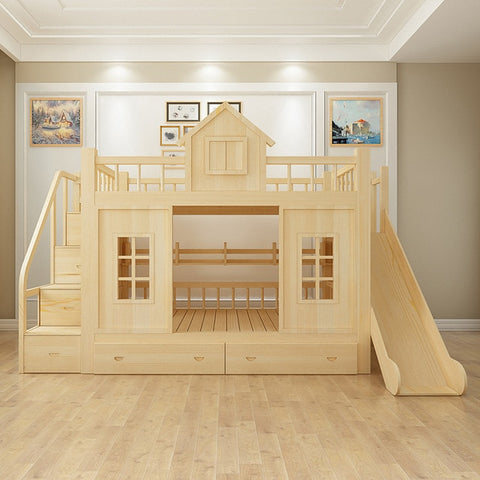 Image of 2016 modern solid wood Children's bed wood  bunk bed with ladder cabinet slider