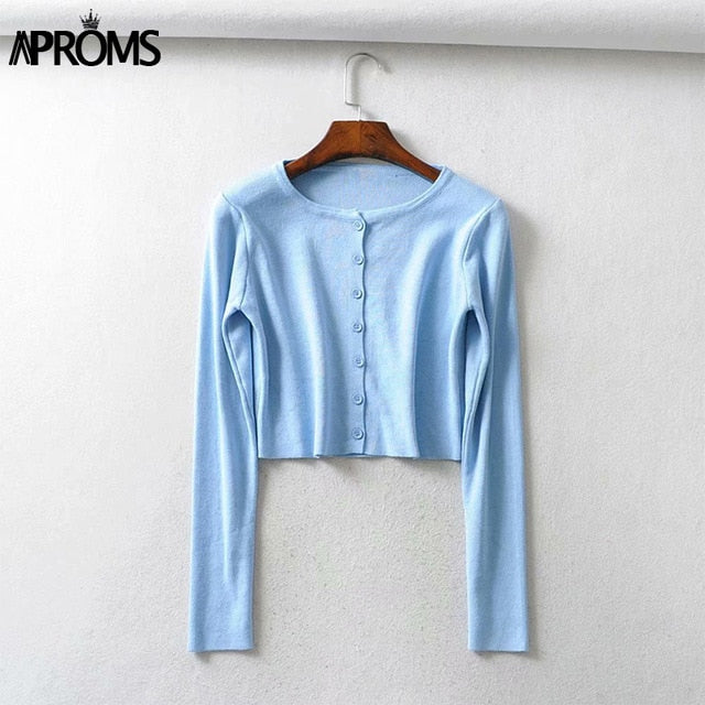 Aproms Candy Color Ribbed Knitted Cardigan Women Autumn Winter Long Sleeve Basic Cropped Sweaters Female Casual Short Jumper Top
