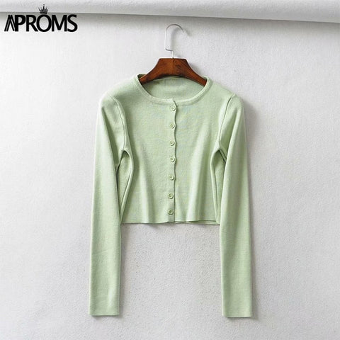 Image of Aproms Candy Color Ribbed Knitted Cardigan Women Autumn Winter Long Sleeve Basic Cropped Sweaters Female Casual Short Jumper Top