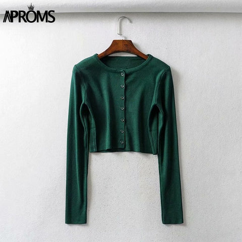 Image of Aproms Candy Color Ribbed Knitted Cardigan Women Autumn Winter Long Sleeve Basic Cropped Sweaters Female Casual Short Jumper Top