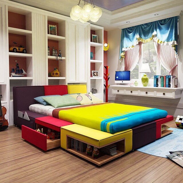 Children's bed boy color combination bed fabric children cartoon bed bedroom children's furniture suite bed