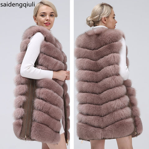 Image of Natural fox fur coat vest 2019 new zipper long coat winter warm coat natural fur true fox vest