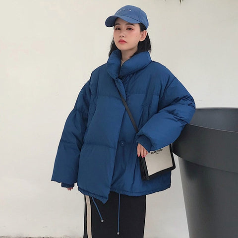 Image of Korean Style 2019 Winter Jacket Women Stand Collar Solid Black White Female Down Coat Loose Oversized Womens Short Parka