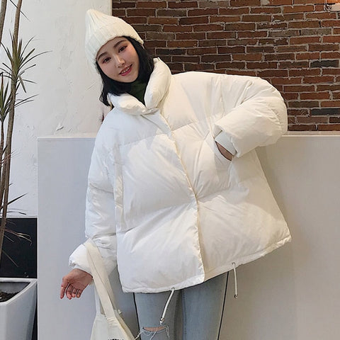 Image of Korean Style 2019 Winter Jacket Women Stand Collar Solid Black White Female Down Coat Loose Oversized Womens Short Parka