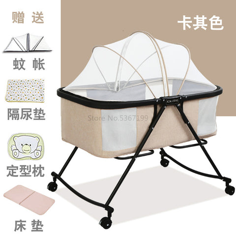 Image of Baby Cot Foldable Portable Baby Cot Multifunctional Newborn Cradle Bed Comfort BB Bed with Roller