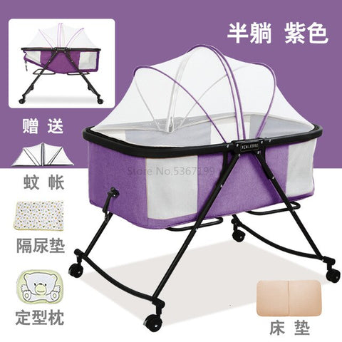 Image of Baby Cot Foldable Portable Baby Cot Multifunctional Newborn Cradle Bed Comfort BB Bed with Roller