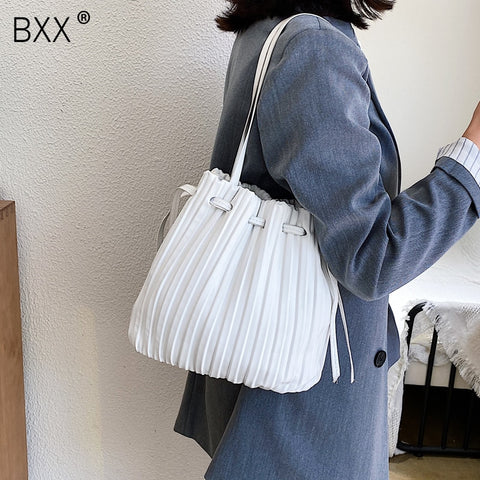 Image of [BXX] Solid Color PU Leather Bucket Bag Female Crossbody Bags For Women 2020 Summer Sweet High Capacity Shoulder Handbags HM691