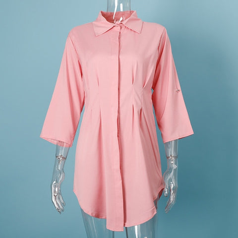 Image of Summer White Pleated Tunic Women's Long Shirts Adjustable Sleeve Single Breasted Shirt Female 2020 Casual Ladies Office Clothes