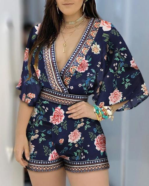 Women Jumpsuit Deep V Neck Half Sleeve Cold Shoulder Peplum High Waist Slim Office Ladies Elegant Romper Classy Female Jumpsuits