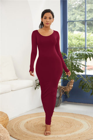 Image of Colorful Long Sleeve O Neck Stretchy Long Dress 2021 Spring Autumn Women Solid Casual Elegant Robe Bodycon Maxi Dresses Vestidos