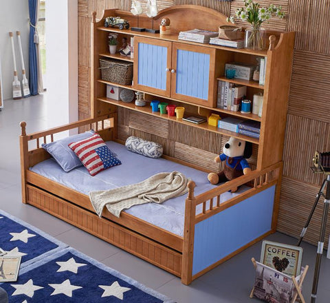 Mediterranean Children's Furniture , Solid Wood Bed, Multi-functional Bed, Double Deck Wardrobe, Bed 1.2 Meters