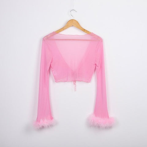 Image of Tumblr Sexy See Through Pink Mesh Tracksuits Autumn Women Costume Two Piece Set Long Sleeve Fluffy Crop Top And Pants Streetwear