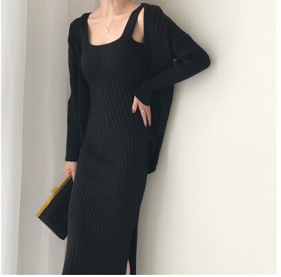 Image of 2020 New High quality winter Women's Casual Long Sleeved Cardigan + Suspenders Sweater Vest Dress Two Piece Runway  Dress Suit
